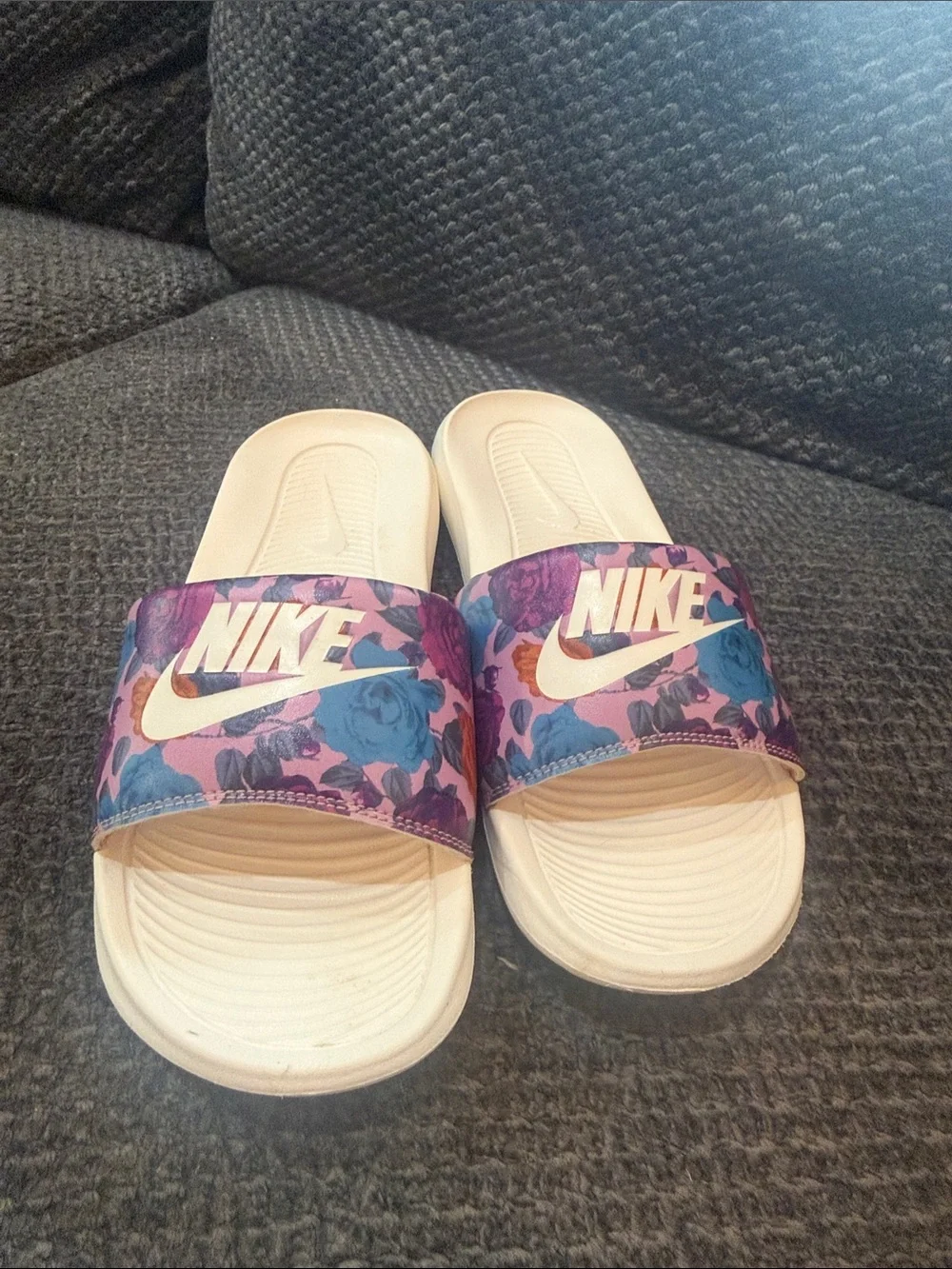 Nike Floral Strap Slide Sandals in White, Purple and Blue